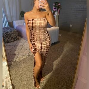 Brown tie dye high slit tube top dress